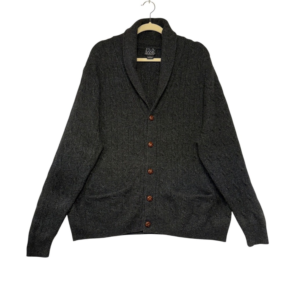 Jos. A. Bank Mens Large Charcoal Gray Lambswool Cable Knit Shawl Collar Cardigan